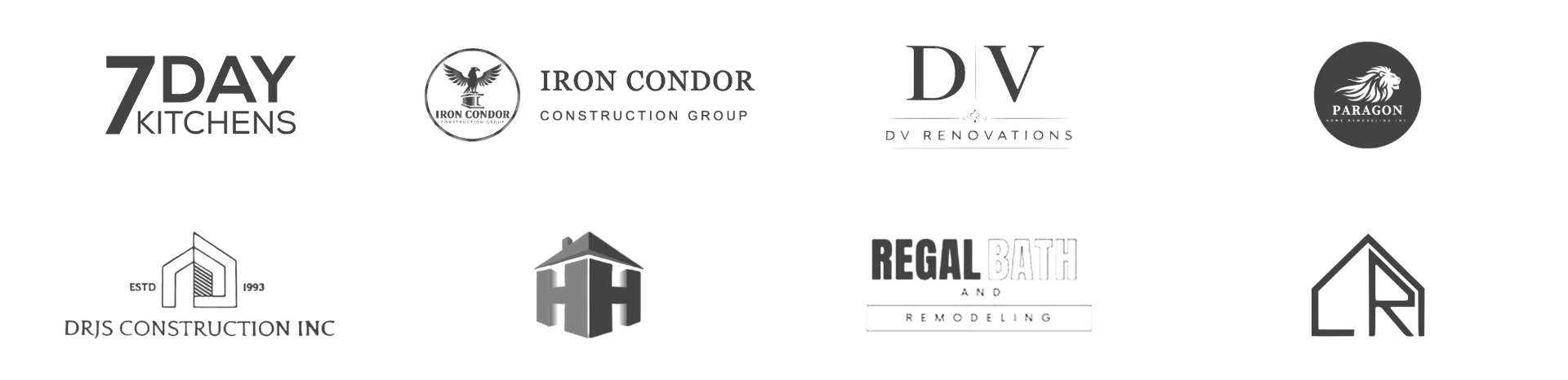 Logos of remodeling companies Renolist has booked appointments for, including 7 Day Kitchens, Iron Condor Construction Group, DV Renovations, Paragon, DRJS Construction, Regal Bath and Remodeling