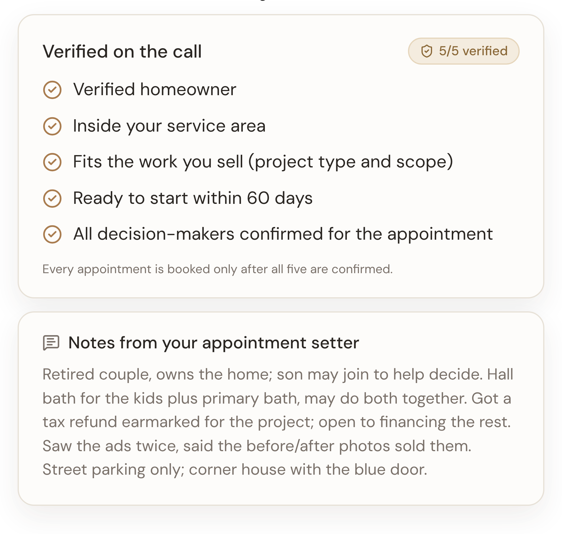 Renolist appointment record showing the verified qualification details and notes from the appointment setter
